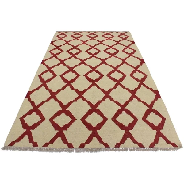 Kilim Anh Ivory/Red Hand-Woven Wool Rug -4'3 x 6'1 - 4 ft. 3 in. x 6 ft. 1 in. - 4 ft. 3 in. x 6 ft. 1 in.
