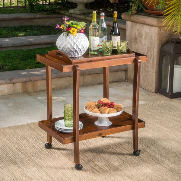 Preslie Wooden Bar Cart with Removable Top Tray Dark Oak - Christopher Knight Home