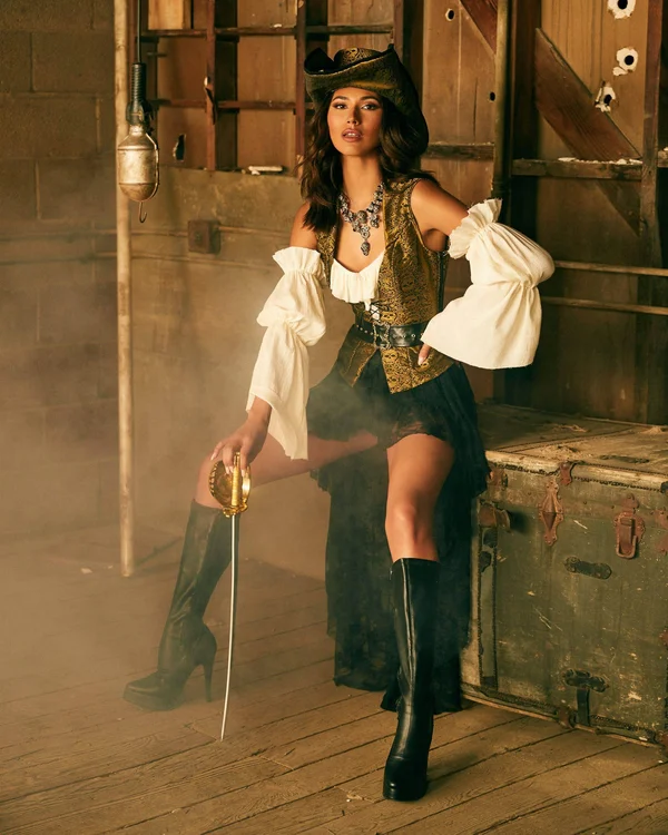 6pc Pirate Queen Costume Medium, Gold/Black/Beige