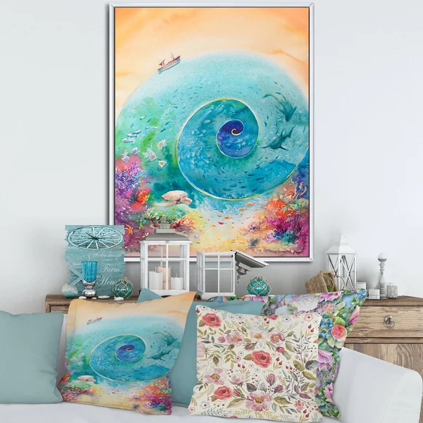 Designart &Turquoise Ocean Spiral with Coral Reef Fishes& Nautical & Coastal Framed Canvas Wall Art Print - 16 in. Wide x 32