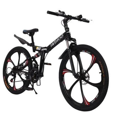 Befoka 26 inch Men's Folding Mountain Bike 21 Speed High-Carbon Steel Bicycle Dual Disc Brakes Full Suspension, Black, Size: One