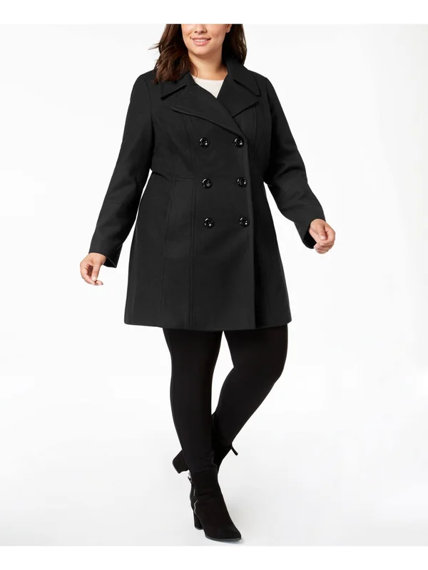 Anne Klein Plus Womens Wool Double-Breasted Pea Coat - Black