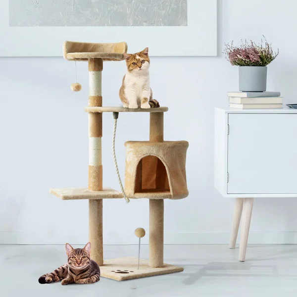 PawHut 45x22 Plush Sturdy Interactive Cat Condo Tower Scratching Post Activity Tree House - Beige, White
