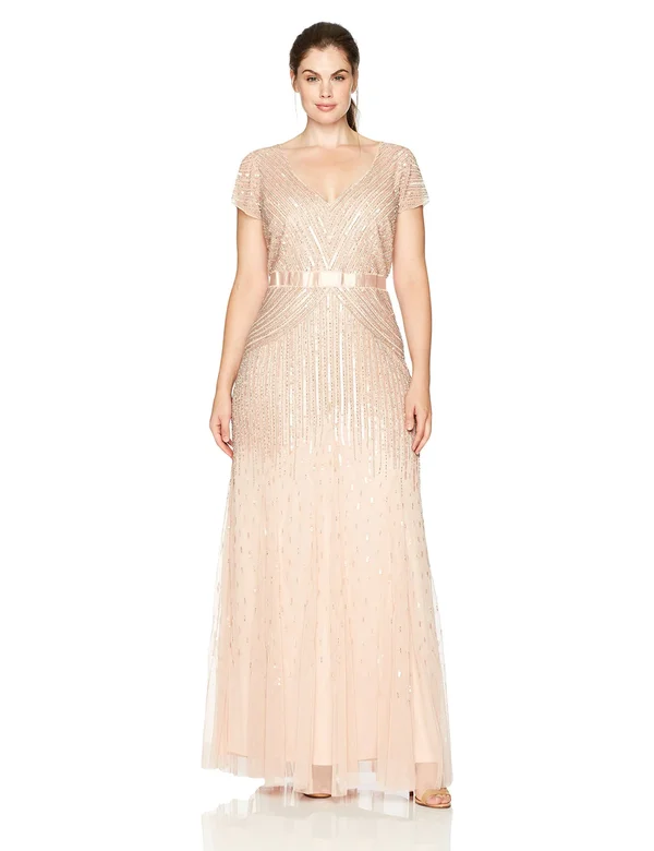 Adrianna Papell Beaded V-Neck Gown - Blush, Size: 18