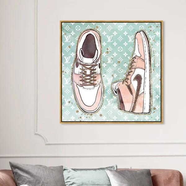 Oliver Gal 'Blush Fashion Sneakers' Fashion and Glam Wall Art Framed Canvas Print Shoes - Pink - Green - 40 x 40 - Gold
