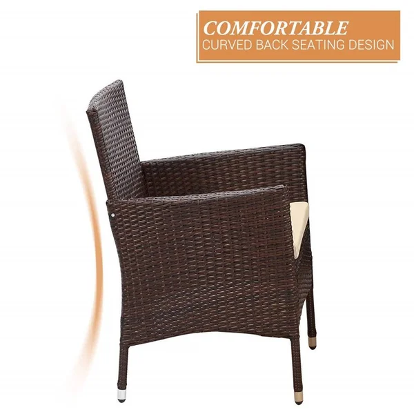 5 Piece Outdoor Patio Dining Set, Wicker Glassed Table and Cushioned Chair, Umbrella Cut Out, Brown, Size: 83
