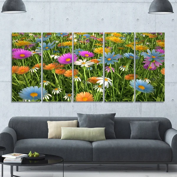 Design Art &Different Color Flowers in Field& Photographic Print Multi-Piece Image on Canvas, Size: 83 in. Wide x 32 in. High