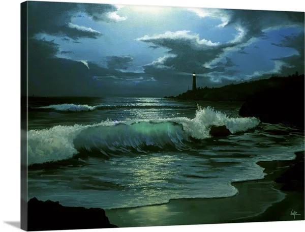 Waves Coming in on Shore, with A Lighthouse in The Distance, at Night, Large Solid-Faced Canvas Wall Art Print, Great Big Canv