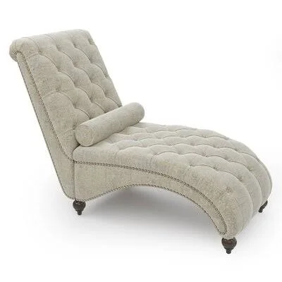 68? Linen Button Tufted Chaise Lounge Chair Indoor Leisure Chair Rest Sofa Couch with 1 Bolster Pillow - Wooden Frame, Nailhead Tr