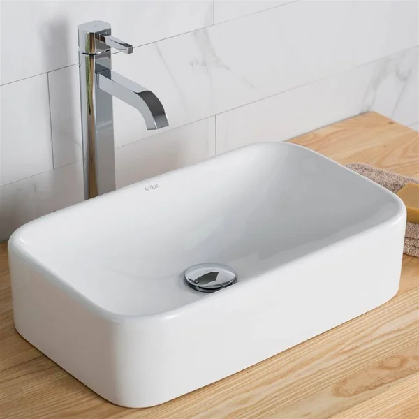 Kraus C-KCV-122-1007SN White Rectangular Ceramic Sink and Ramus Faucet Satin Nickel