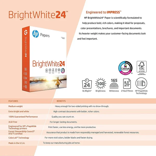 HP Printer Paper, BrightWhite24, 8.5 x 11, Letter, 24lb, 97 Bright, 2, 500 Sheets