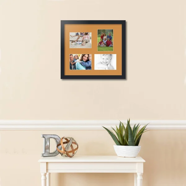 Collage Picture Frame, Satin Black Frame with 4 openings for 5x7 Photos with Yellow Amber Mat. D3926CH1117, ArtToFrames