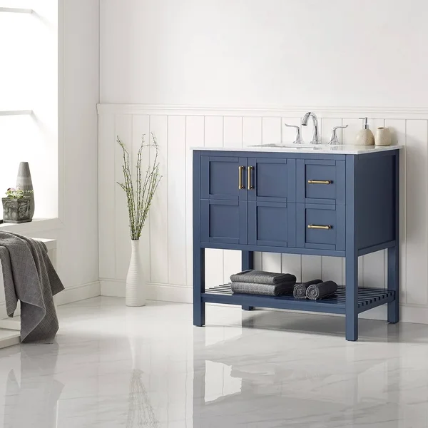 Roswell Florence 36 in. Bath Vanity in Blue with Marble Vanity Top in White with White Basin