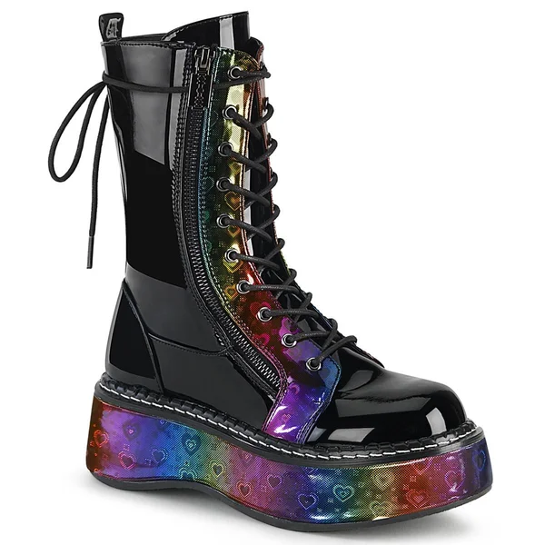 Demonia Women's Emily 350 UV Platform Mid Calf Boot, Size: 10, Black Patent/UV Neon Pink