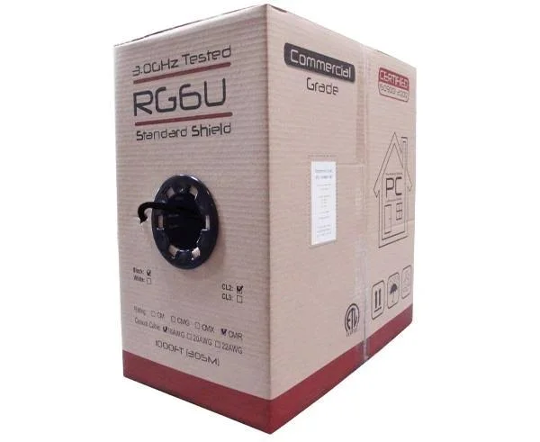 RG6 Coaxial Cable - 18 AWG BC, 100% Al Foil + 60% Al Braid, CMR Black