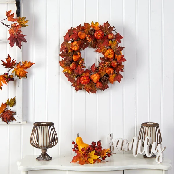 24” Autumn Maple Leaves - Pumpkin, Pinecone and Berries Artificial Fall Wreath by Nearly Natural