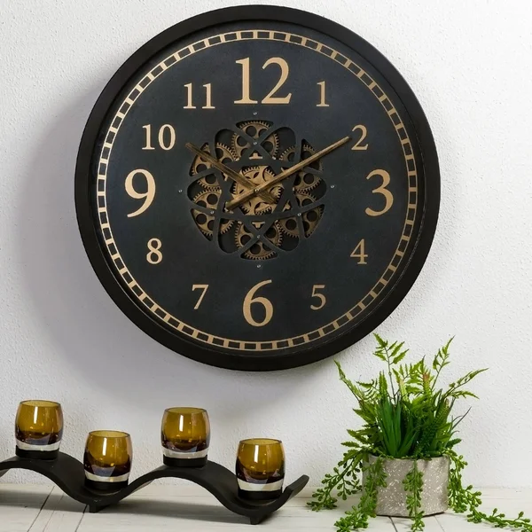 Glitzhome 22.83x22D Morden Oversized Metal Wall Clock with Moving Gears - Black