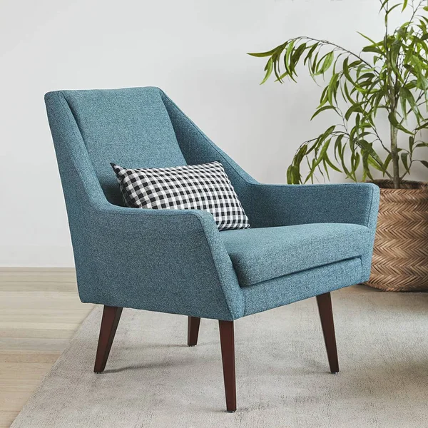 Blue Tweed Fabric Armchair, Solid Wood Legs, Article Angle Modern Furniture