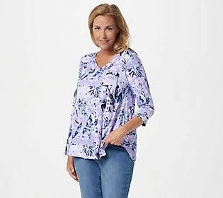 Denim & Co. Printed V-Neck 3/4 Sleeve Swing Top, Size X-Large, Lilac