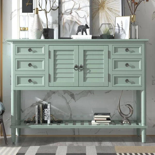 45&& Console Table Sofa Table with 6 Draweru0026 1 Cabinetu0026 1 Shelf - Green - Light Green - Wood
