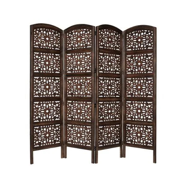Cotton Craft Rajasthan- Antique Brown 4 Panel Handcrafted Wood Room Divider Screen 72X80 Intricately Carved on Both Sides - Reve