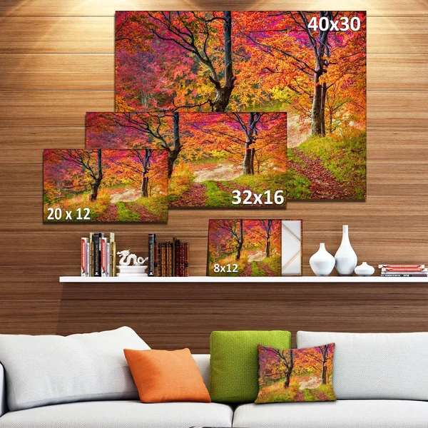 Design Art &Bright Colorful Fall Trees in Forest& Photographic Print on Wrapped Canvas - Size: 30 inch x 40 inch, Orange