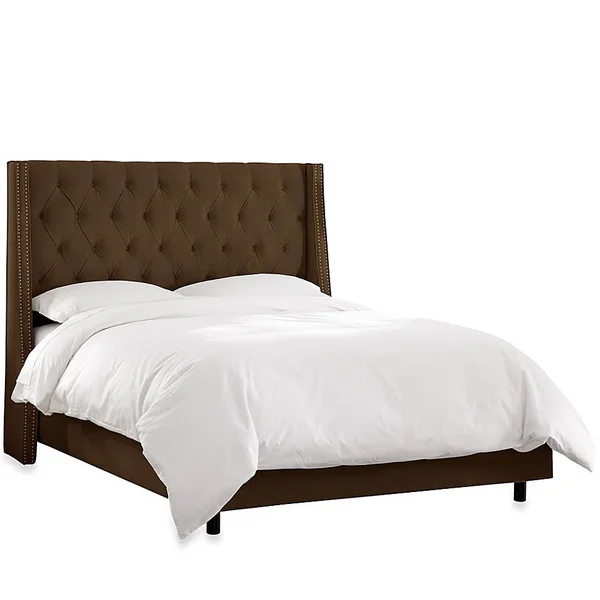 King Tufted Nail Button Wingback Bed in Velvet Chocolate, Brown