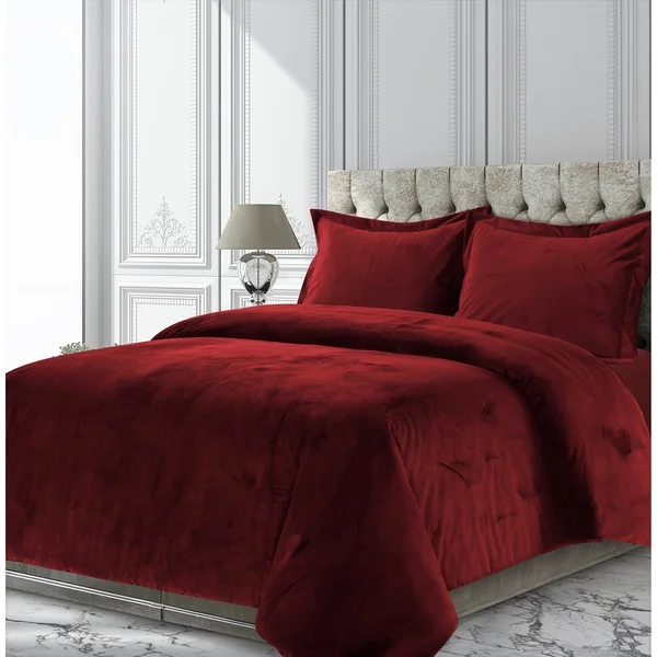 Tribeca Living VENICEDUVETQUBU Venice Velvet Oversized Solid Duvet Set, Queen, Burgundy