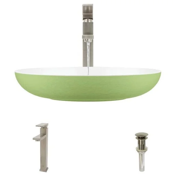 Rene R11-5001-SGE-R9-7003 Stone Composite Oval Vessel Sink with Faucet - Sage, Brushed Nickel
