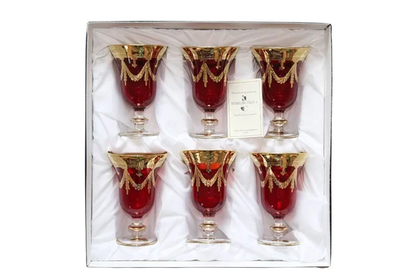 Interglass Italy Set of 6 Glasses Royal Red Crystal Wine Goblets, 24K Gold