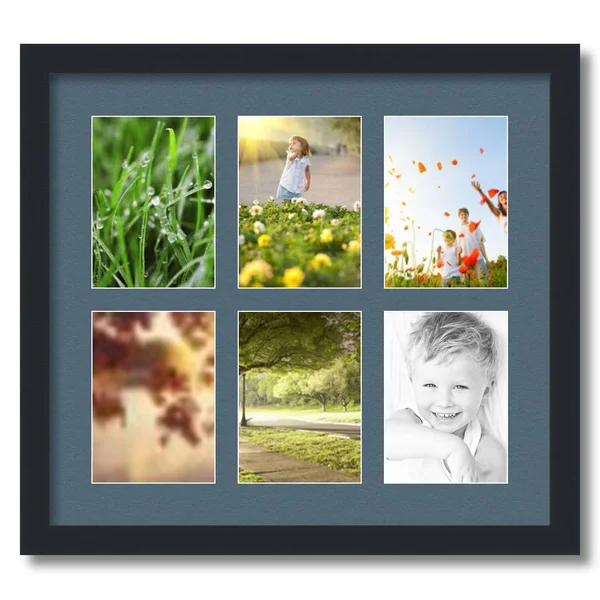 Collage Picture Frame, Satin Black Frame with 6 openings for 5x7 Photos with Dutch Blue Mat. D3926FE2041, ArtToFrames