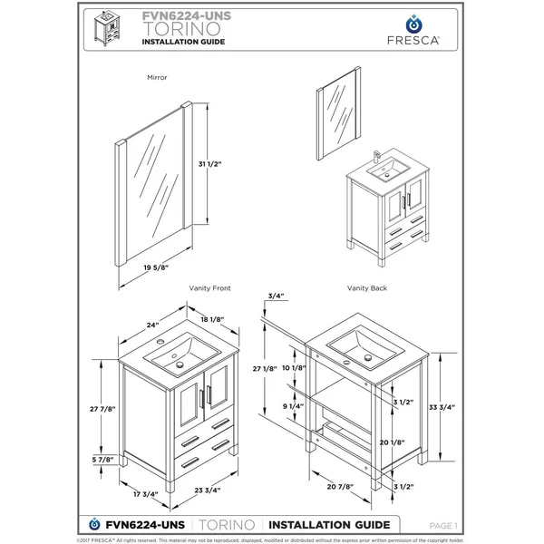Fresca Torino Single Bathroom Vanity Set - Gray Oak, 24x22