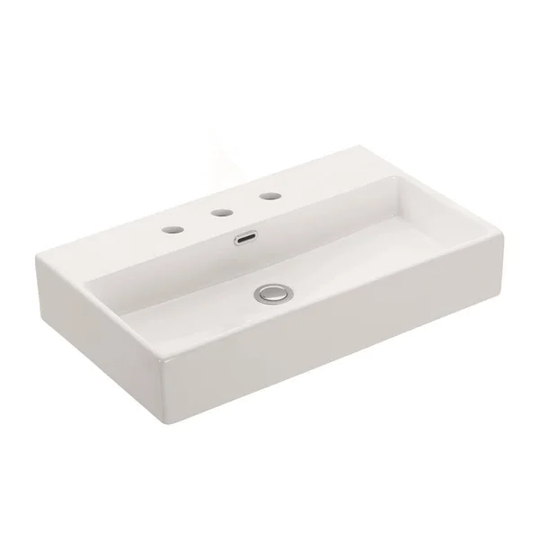 WS Bath Collections Quattro 70 Wall Mount - Vessel Bathroom Sink in Ceramic White with 3 Faucet Holes