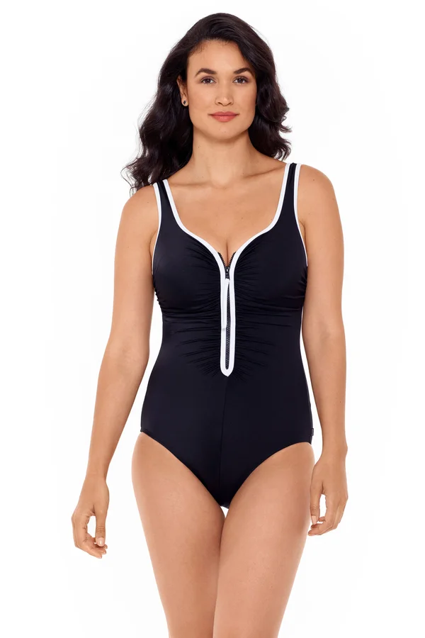 Reebok 782028 Zig Zag 2.0 Shirred Zip Front One Piece Swimsuit - Pink