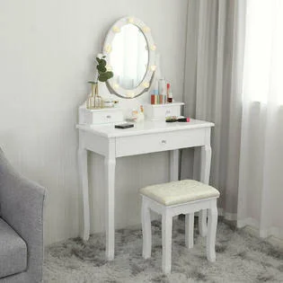 JAXSUNNY Vanity Table w/10 LED Rose-Shaped Bulbs & Cushioned Stool Makeup Dressing Table