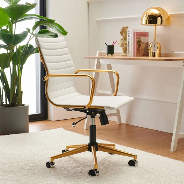 LUXMOD Adjustable Swiveling Goldtone Office Chair - White