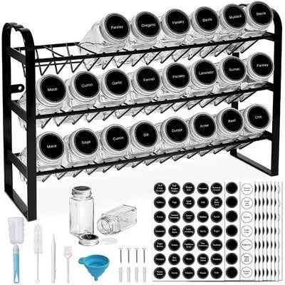 Prep & Savour Spice Rack with 24 Empty Spice Jars - Standing or Wall Mounted Spice Rack Organizer for Countertop Cabinet Kitc