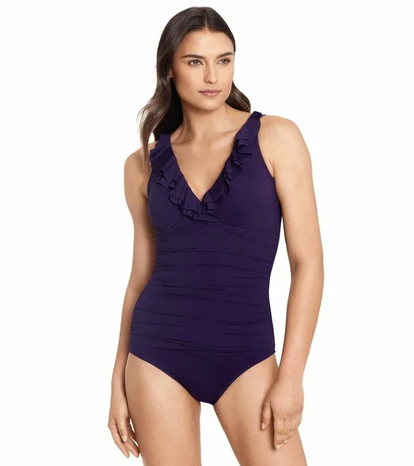 Lauren Ralph Lauren Eggplant Underwire Ruffled One-Piece Swimsuit, US 6