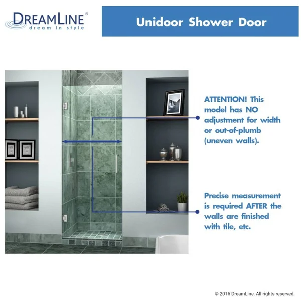DreamLine SHDR-20267210F-04 Unidoor 26 in. W x 72 in. H Frameless Hinged Shower Door Brushed Nickel
