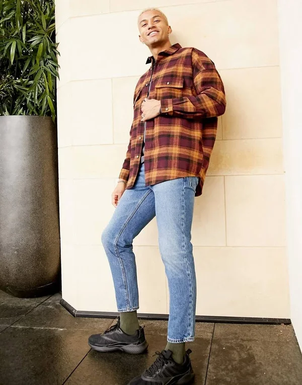 ASOS Design 90s Oversized Wool Heavy Check Shirt in burgundy-Red