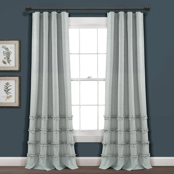 Lush Decor Vintage Stripe Yarn Dyed Cotton Window Curtain Panels Denim Blue 40X84 Set