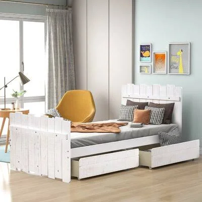 Twin Size Rustic Style Platform Bed with Drawers, Vintage Fence-Shaped Headboard and Footboard Harper Orchard Color: White