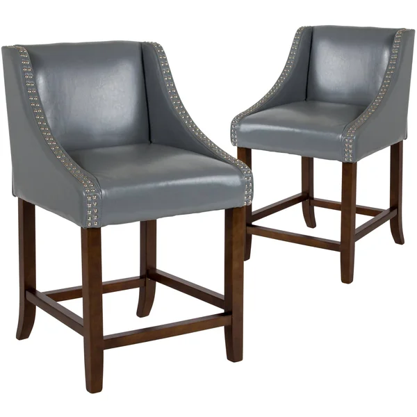 Flash Furniture 2 Pk. Carmel Series 24x22 High Transitional Walnut Counter Height Stool with Accent Nail TRIM, Light Gray Fabric