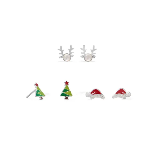 Reindeer - Santa Hat and Tree Earring Set, 9.1mm x 9.4mm