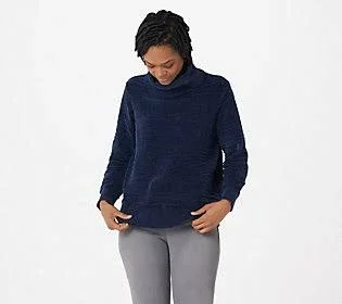 Anybody Patterned Chenille Turtle Neck Pullover - Size Large, Deep Navy