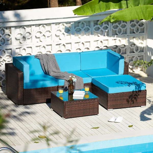 CO-Z 5 Pcs Outdoor Patio Furniture Set - Sectional Sofa, Table - Walnut & Blue, 29.5 x 29.5 x 25 in