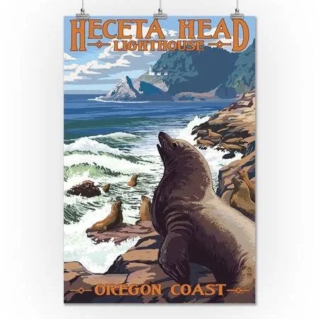 Heceta Head Lighthouse, Oregon - Sea Lions - Lantern Press Artwork (24x36 Giclee Gallery Print, Wall Decor Travel Poster), Size:, 24 x 36 in