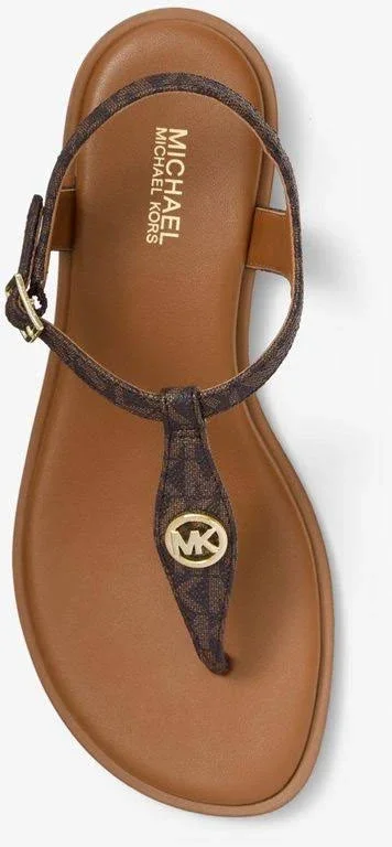 Michael Kors Mallory Logo T-Strap Sandal - Brown - Flat Sandals
