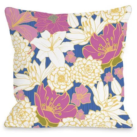 Oriental Flowers Indoor Throw Pillow by OneBellaCasa - Blue, 20 inchx20 inch