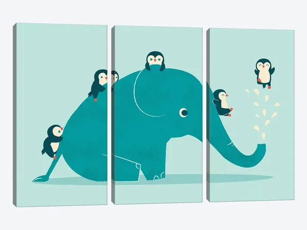 Jay Fleck Large 3-Piece Canvas Print - Waterslide ( Animal Art > Wildlife > Penguins art)